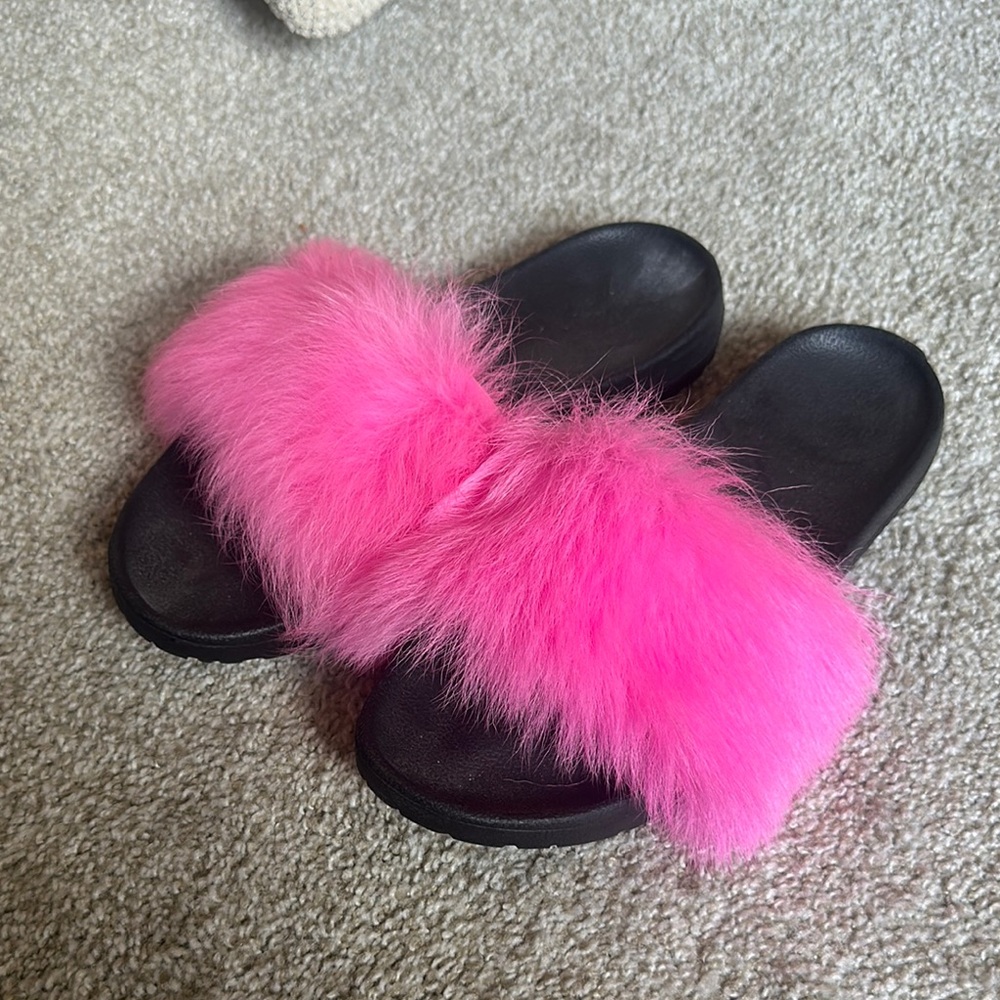 UGG Black and Pink Fluffy Sandals